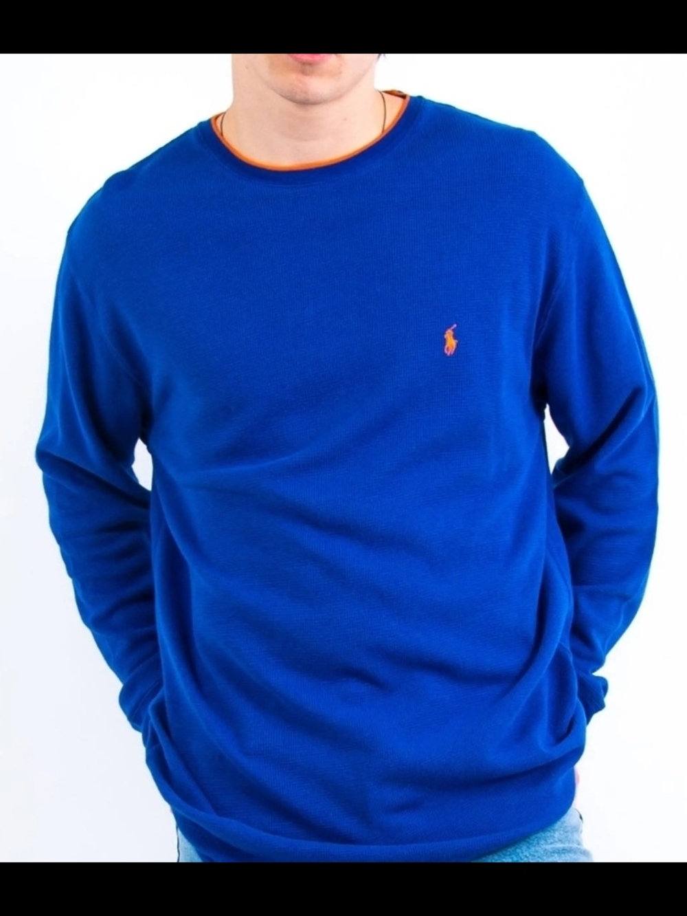 Medium VINTAGE Champion Men's Long Sleeve WAFFLE THERMAL Shirt Blue